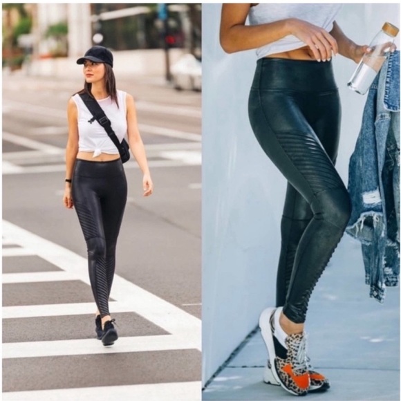 Spanx Faux Leather Moto Leggings Very Black Shaping Biker Size Large - Picture 2 of 13